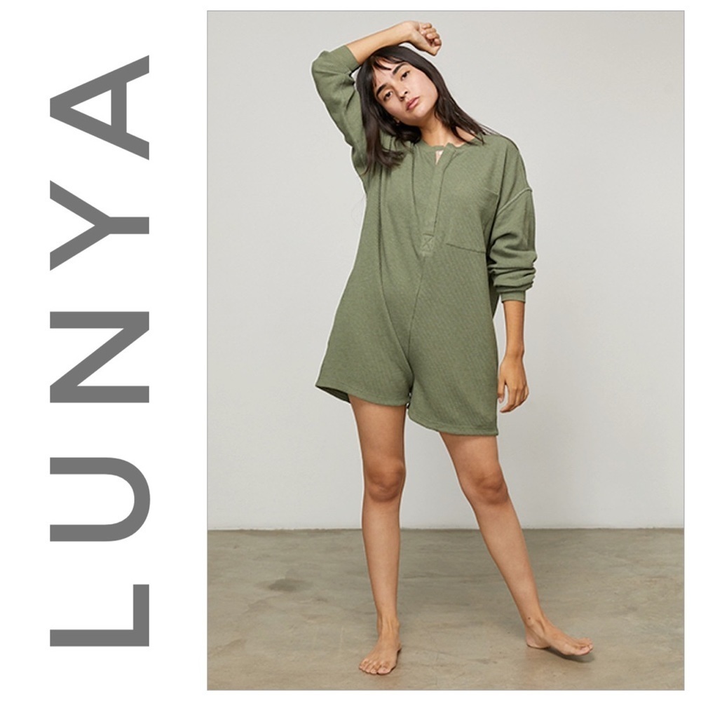 Lunya Humble Green Waffle Thermal Long Sleeve Sleep Lounge Romper